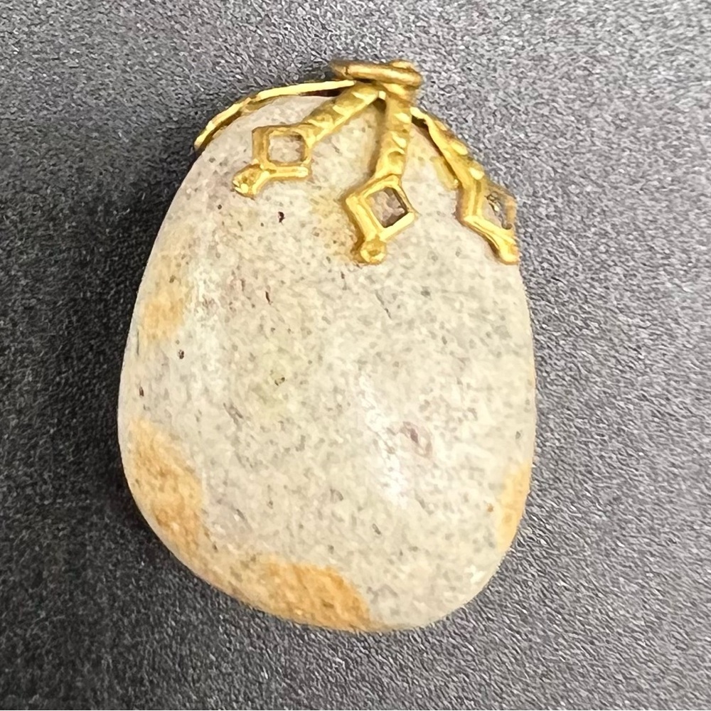 Rustic Egg-Shaped Patina Ornate Metal Cap Fossilized Stone Look Charm Pendant